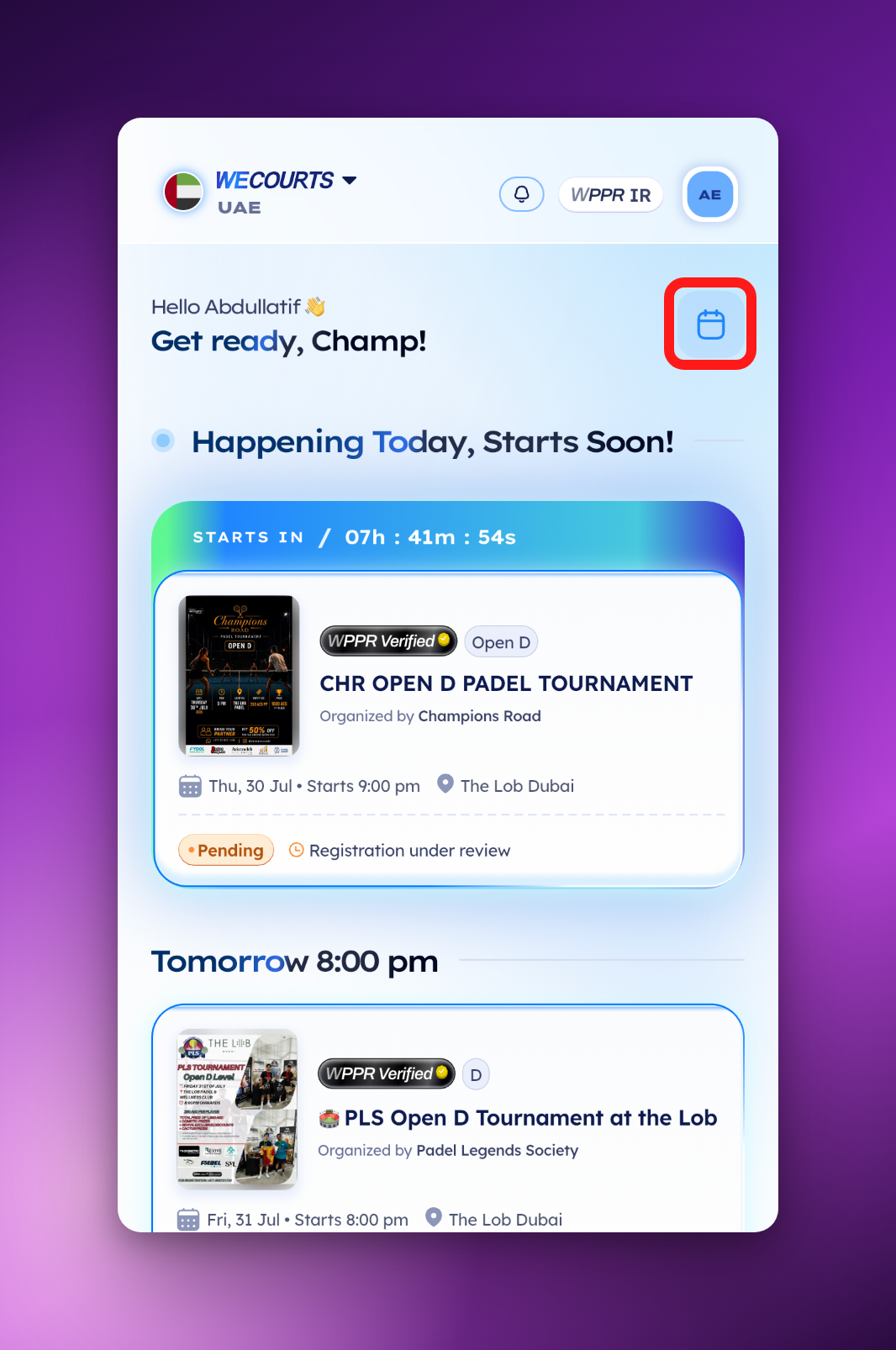 The calendar button on My Lineup in the app