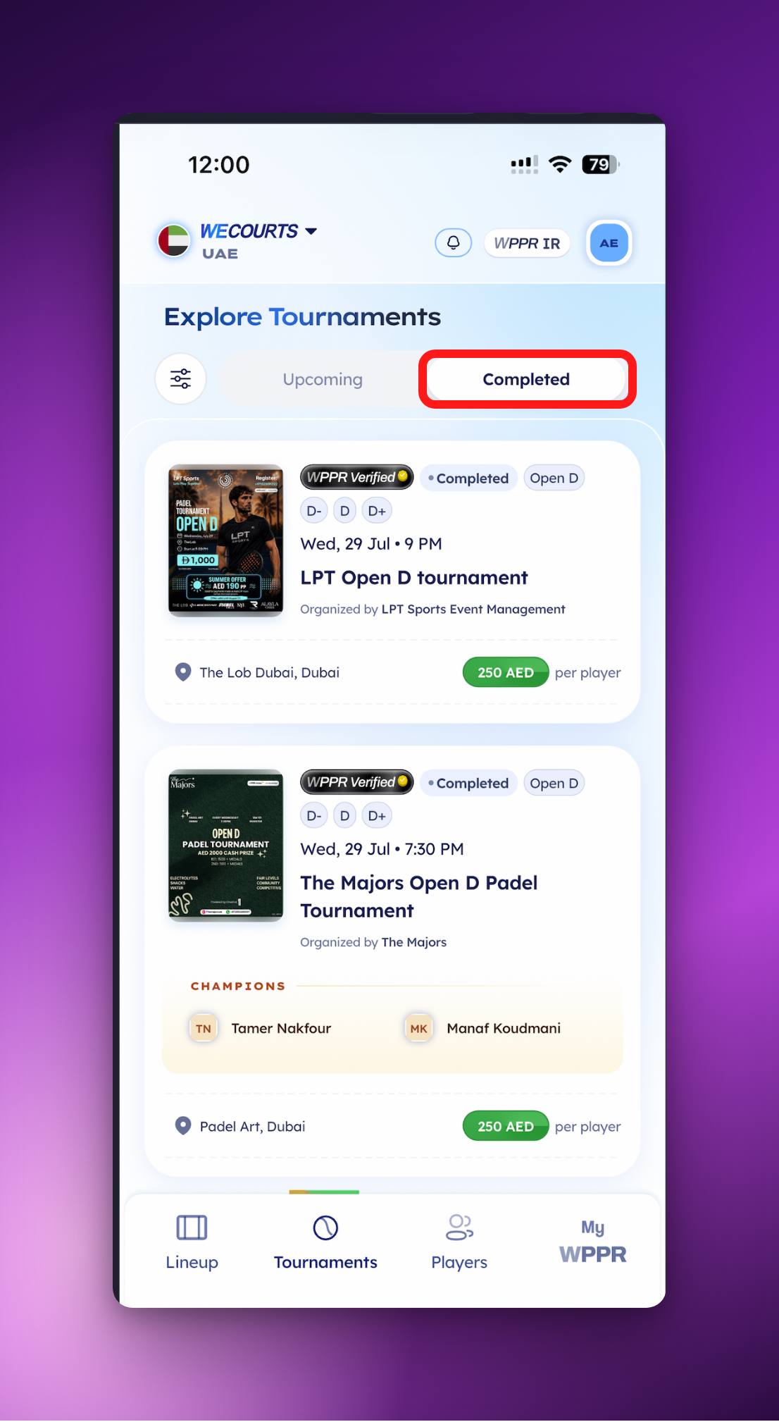 The Completed tab on Explore Tournaments